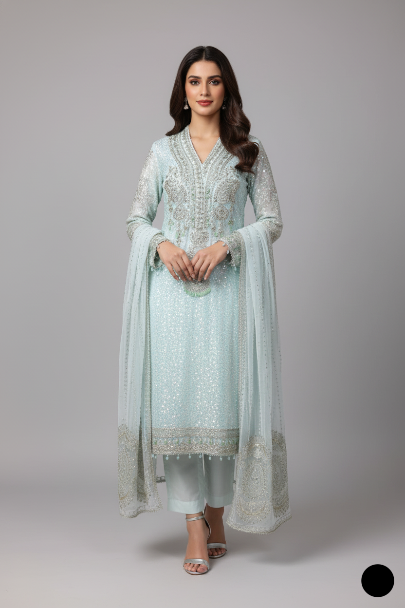 Organza straight shirt sky blue - Pakistani women's elegant formal wear with viscose trouser and organza dupatta front view