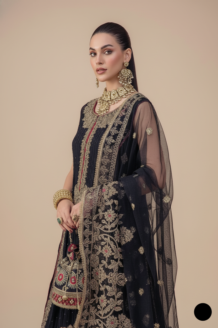 KB P252 Pakistani women's luxury chiffon bridal sharara full view