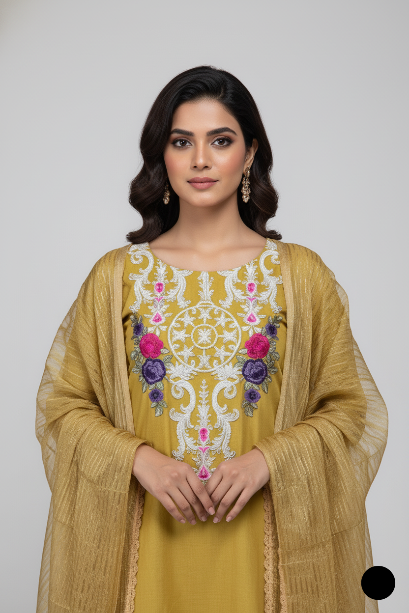 Yellow lawn Pakistani women's A-Line casual shirt side view