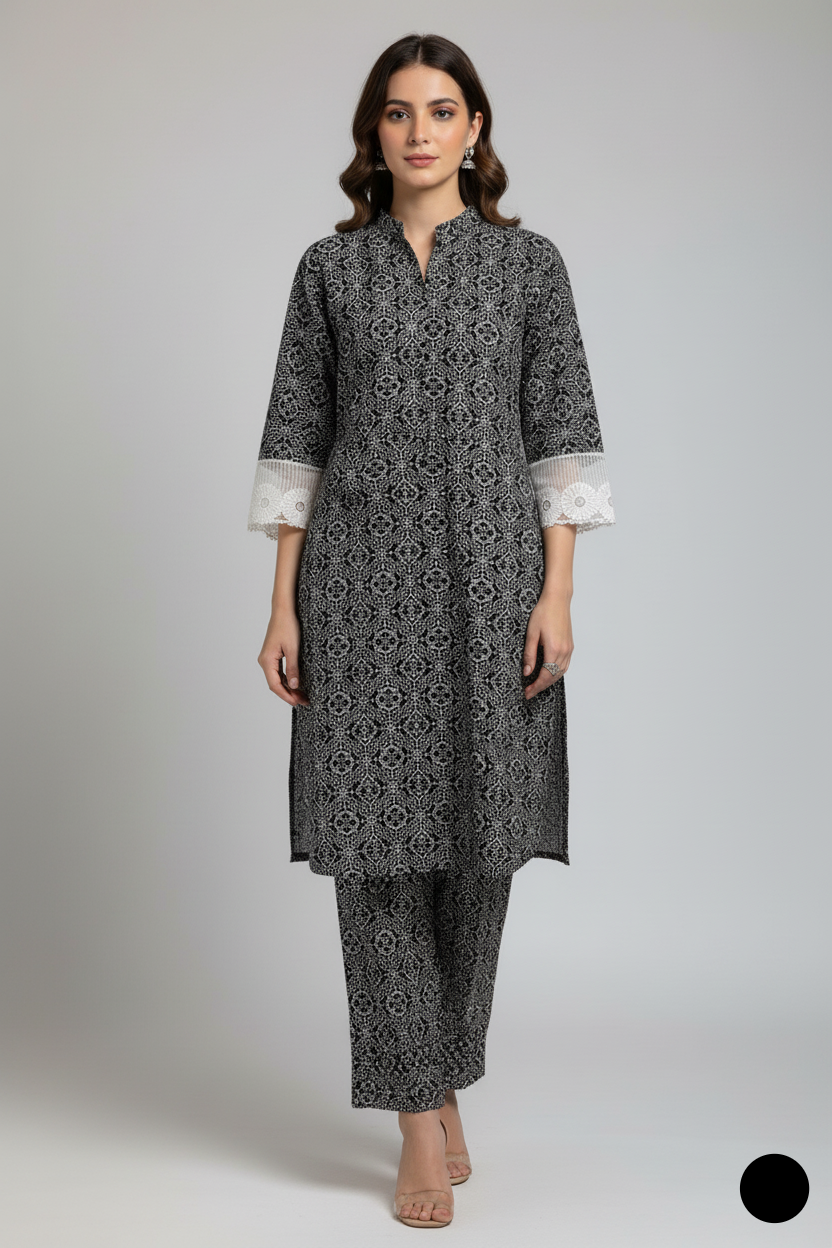 Lawn A-Line printed shirt - Pakistani women's casual summer outfit with cotton trouser and lawn dupatta front view