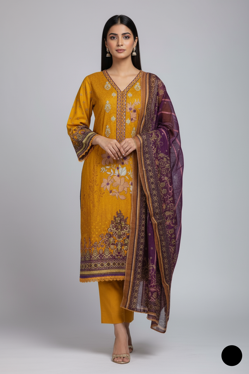 Lawn straight shirt SG15 52 - Pakistani women's summer suit with chiffon dupatta front view
