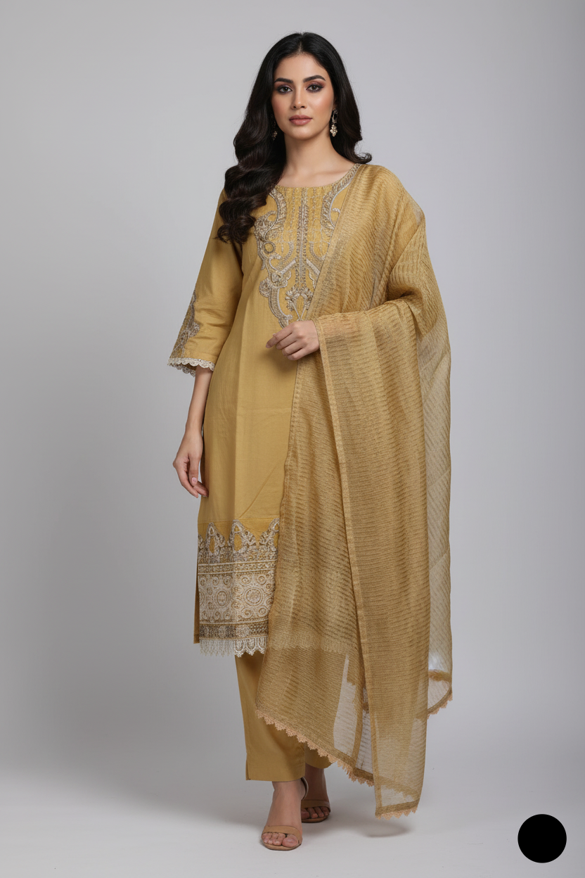 Lawn A-Line shirt golden - Pakistani women's casual summer outfit with cotton trouser and lawn dupatta front view
