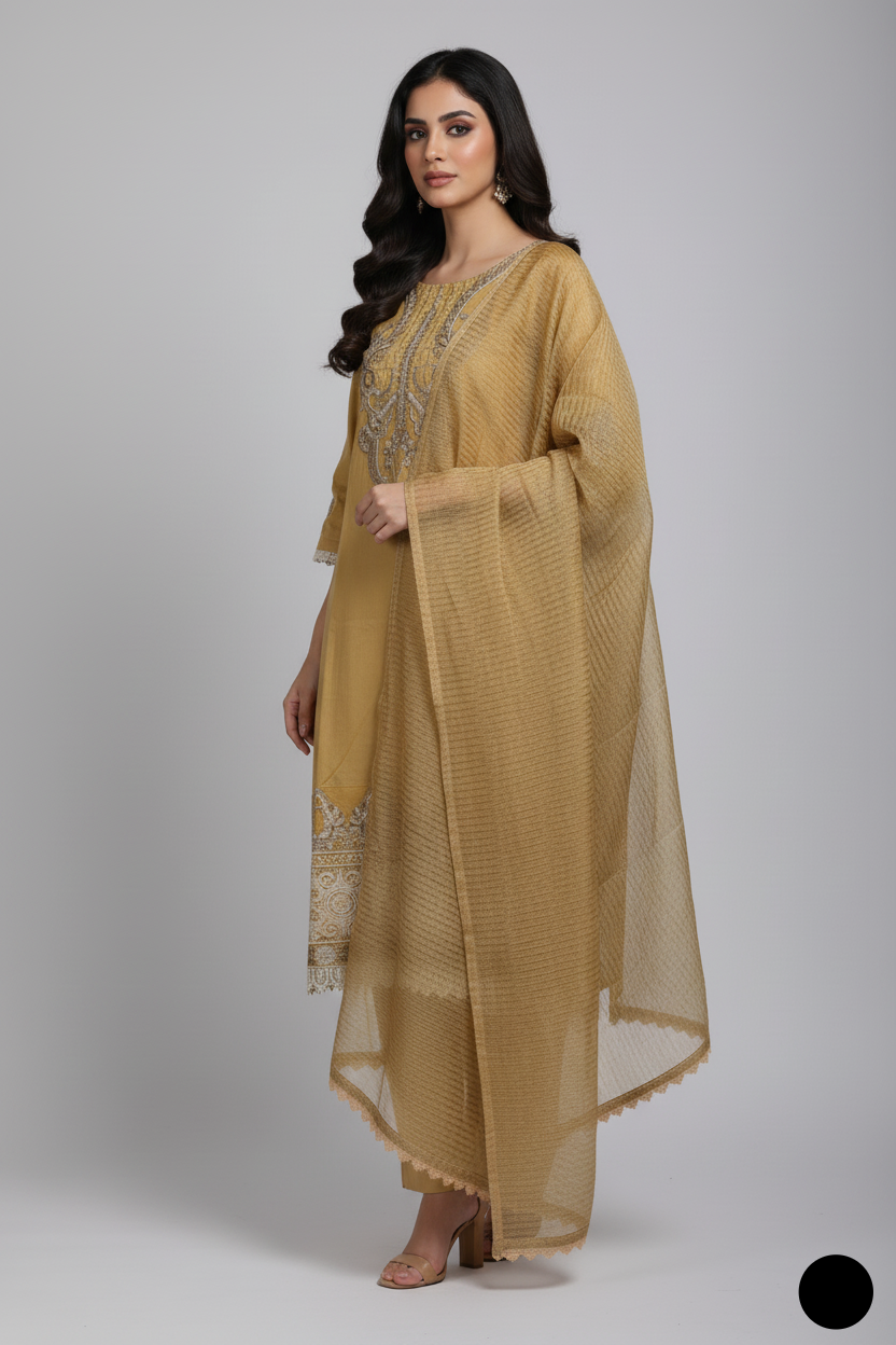 Pakistani women's golden lawn A-Line casual shirt detail view