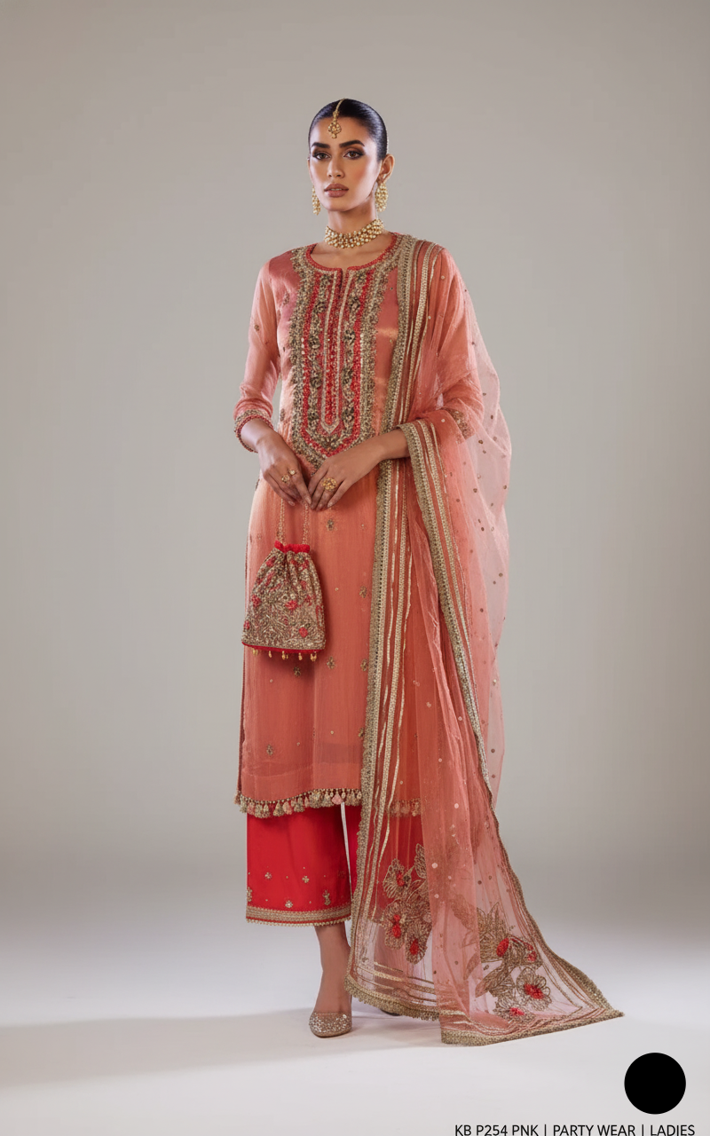 Masuri straight shirt KB P254 - Pakistani women's luxury party wear with silk trouser front view