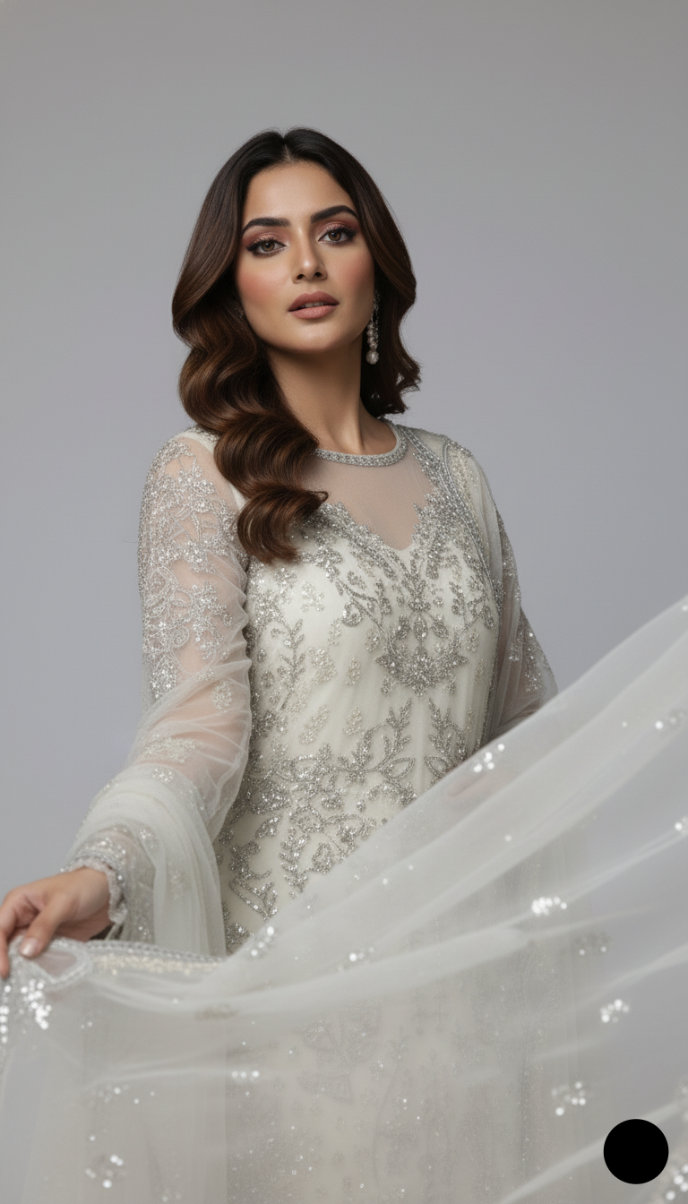 Pakistani women's off white organza A-Line shirt detail view