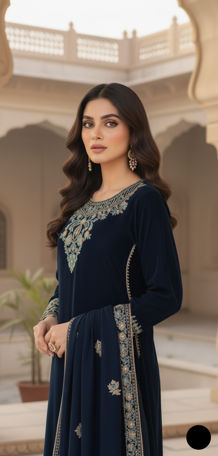 Pakistani women's zinc grey velvet A-Line shirt detail view
