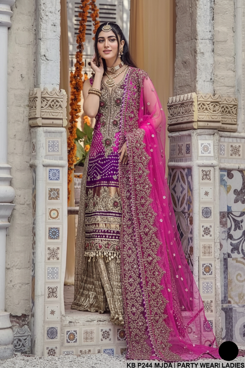 KB P244 Pakistani women's silk chunnari sharara detail view