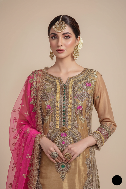 KB P231 GOLDEN masuri Pakistani women's straight shirt with gharara side view