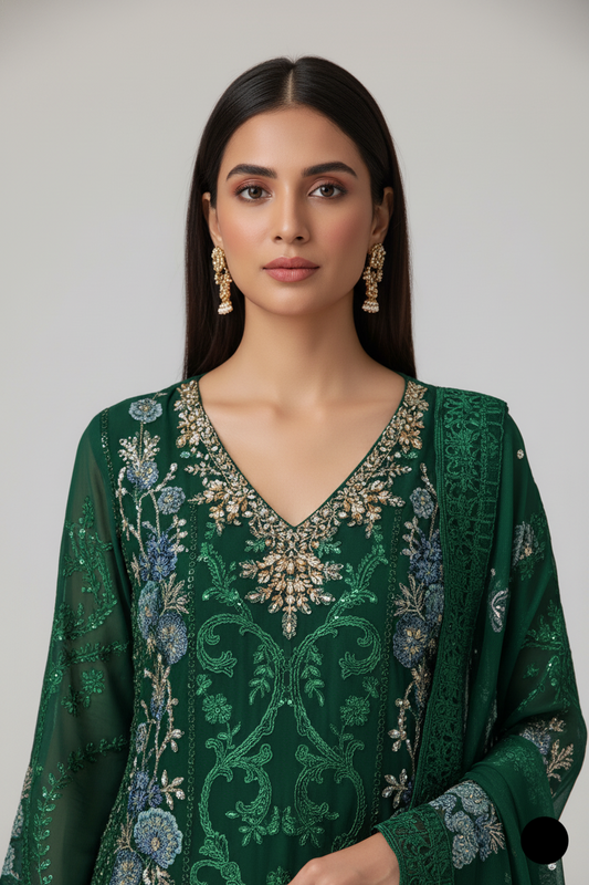 Green organza Pakistani women's straight shirt side view