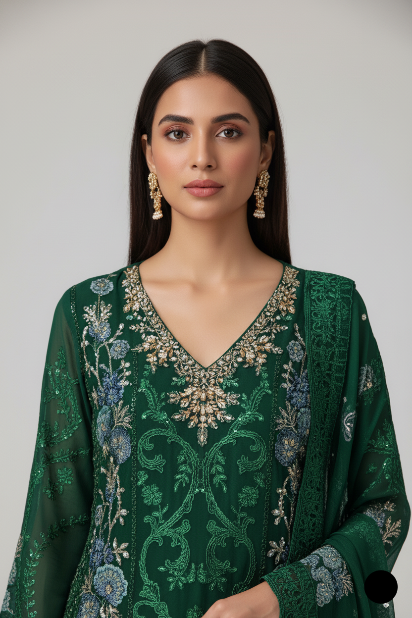 Green organza Pakistani women's straight shirt side view