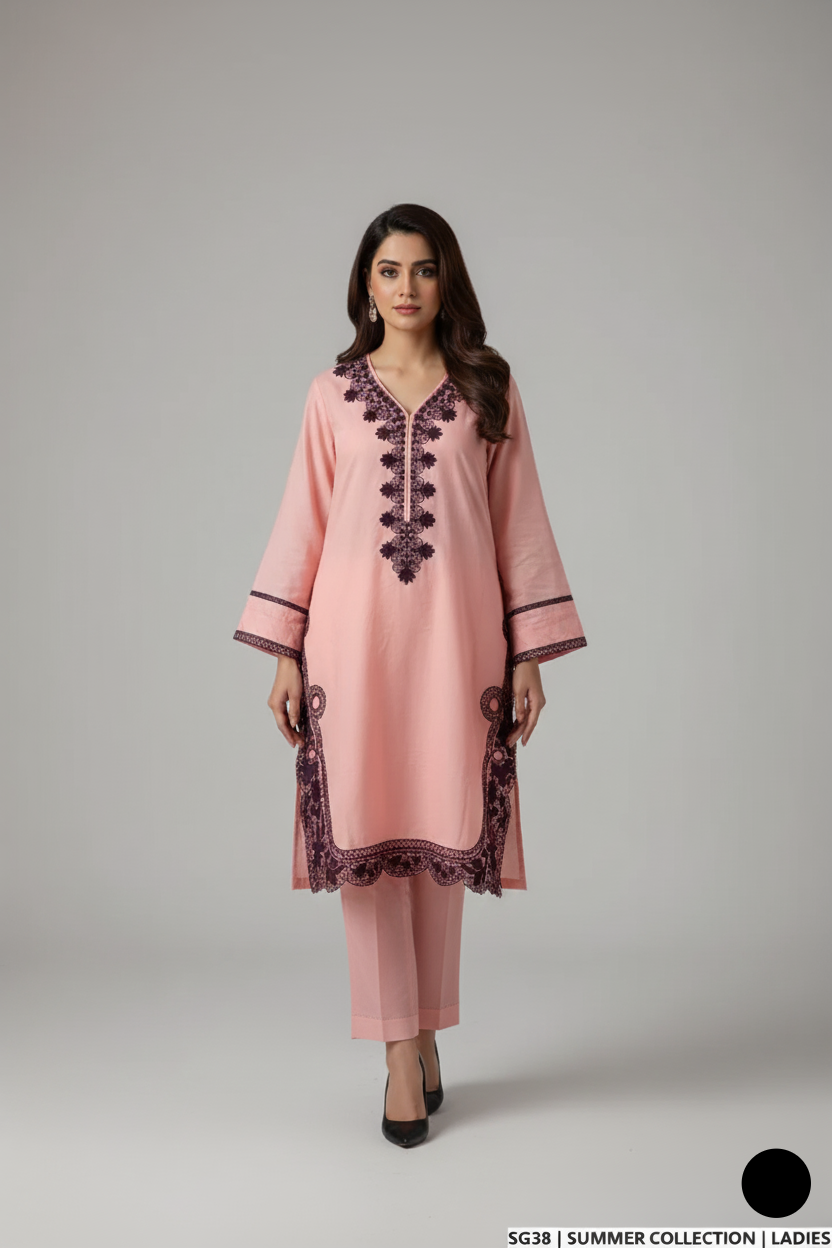 Lawn A-Line shirt tea pink - Pakistani women's casual summer outfit with cotton trouser and lawn dupatta front view