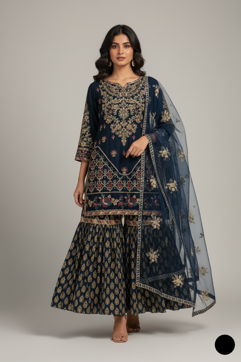 Chiffon shirt gharara PNW 6294 - Pakistani women's party wear with organza dupatta front view