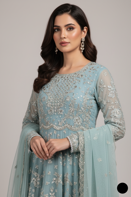 ABS 3289 Chiffon long frock Pakistani women's formal outfit with grip trouser side view