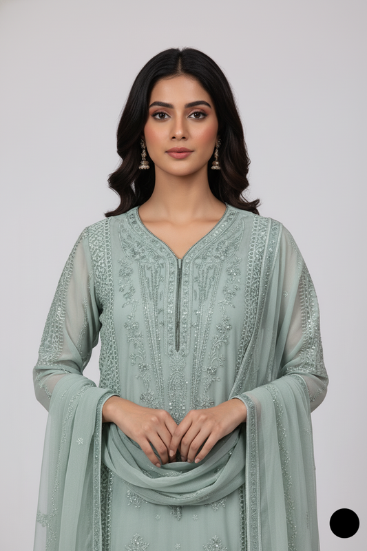 Light green chiffon Pakistani women's straight shirt with plazo side view