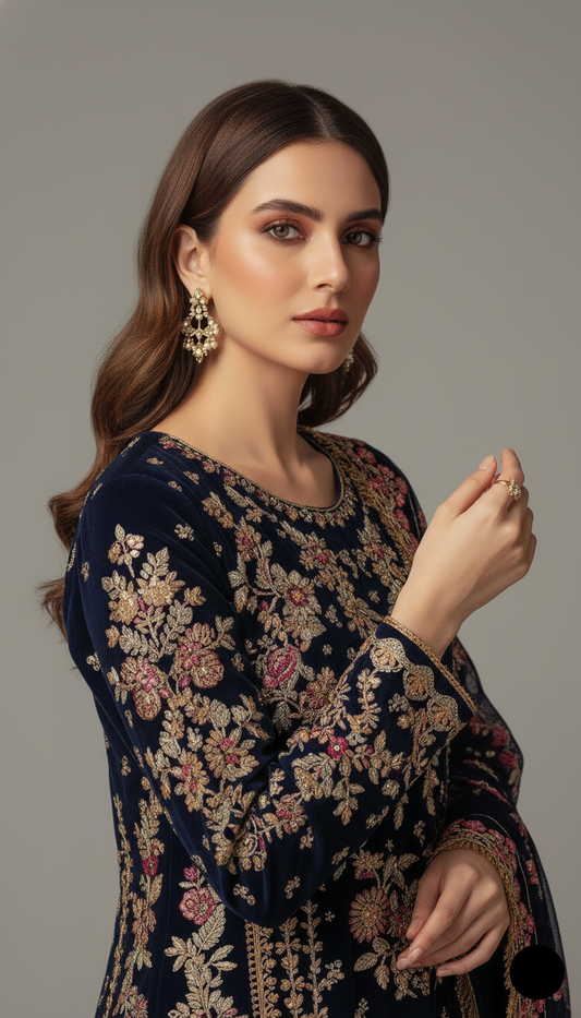 Navy blue chiffon Pakistani women's A-Line shirt side view