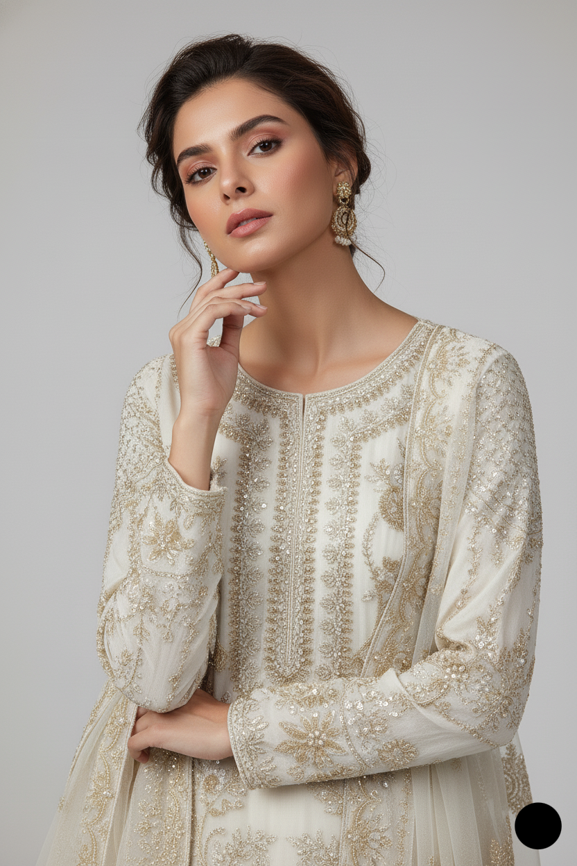 Pakistani women's off white organza open shirt detail view