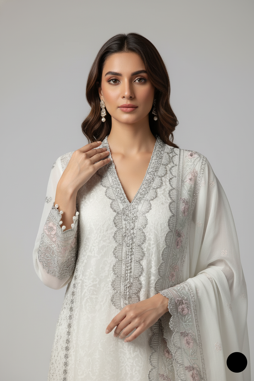 Off white organza Pakistani women's open shirt side view