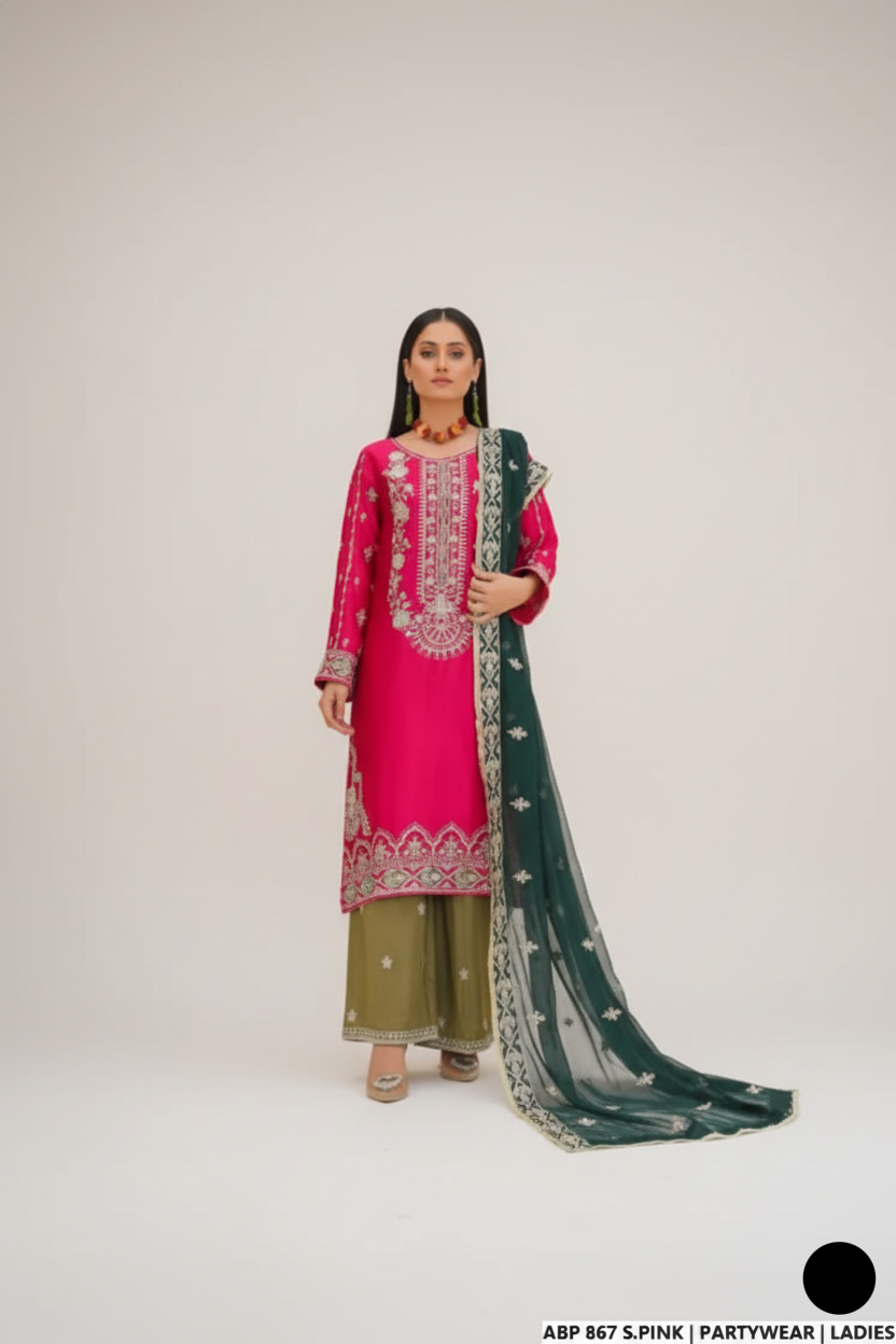 Silk straight shirt shocking pink - Pakistani women's formal party wear with silk trouser and chiffon dupatta front view