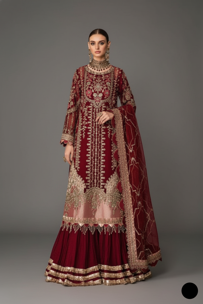 Organza A-Line shirt gharara ABL 3989 - Pakistani women's luxury formal wear with viscose trouser front view