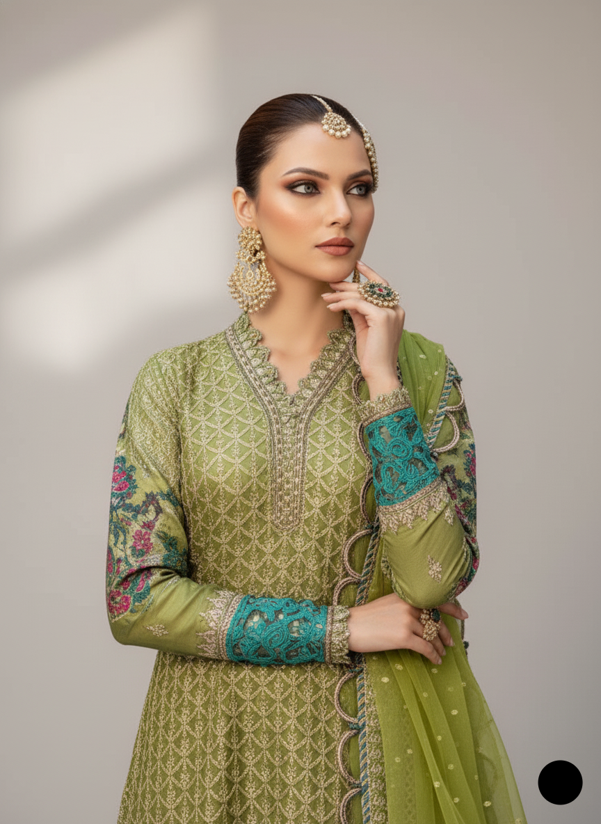 ABL 4118 MDI Pakistani women's chiffon straight shirt with zari organza dupatta back view