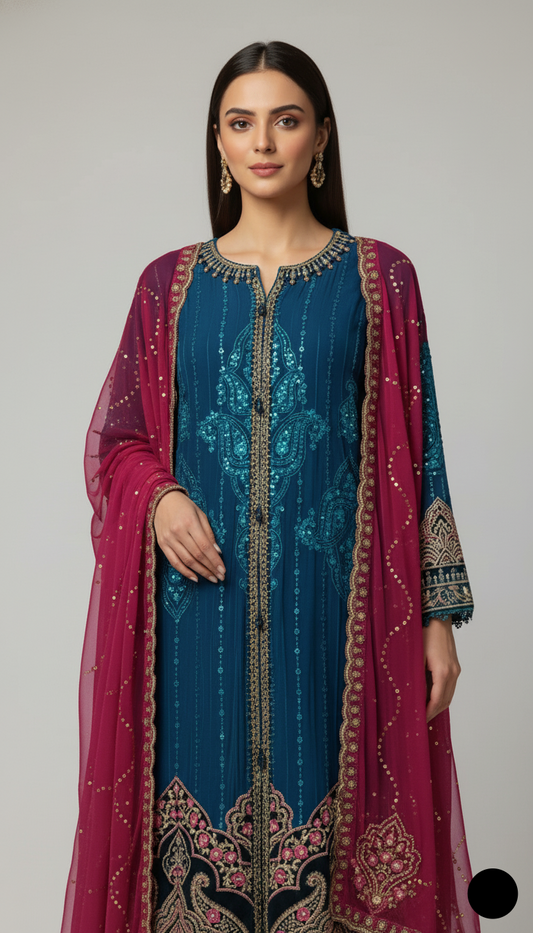 Teal green organza Pakistani women's A-Line shirt side view