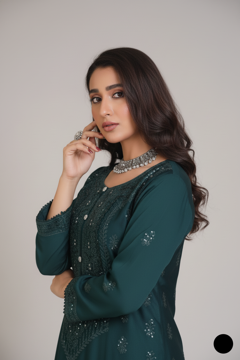 Pakistani women's bottle green silk straight shirt detail view