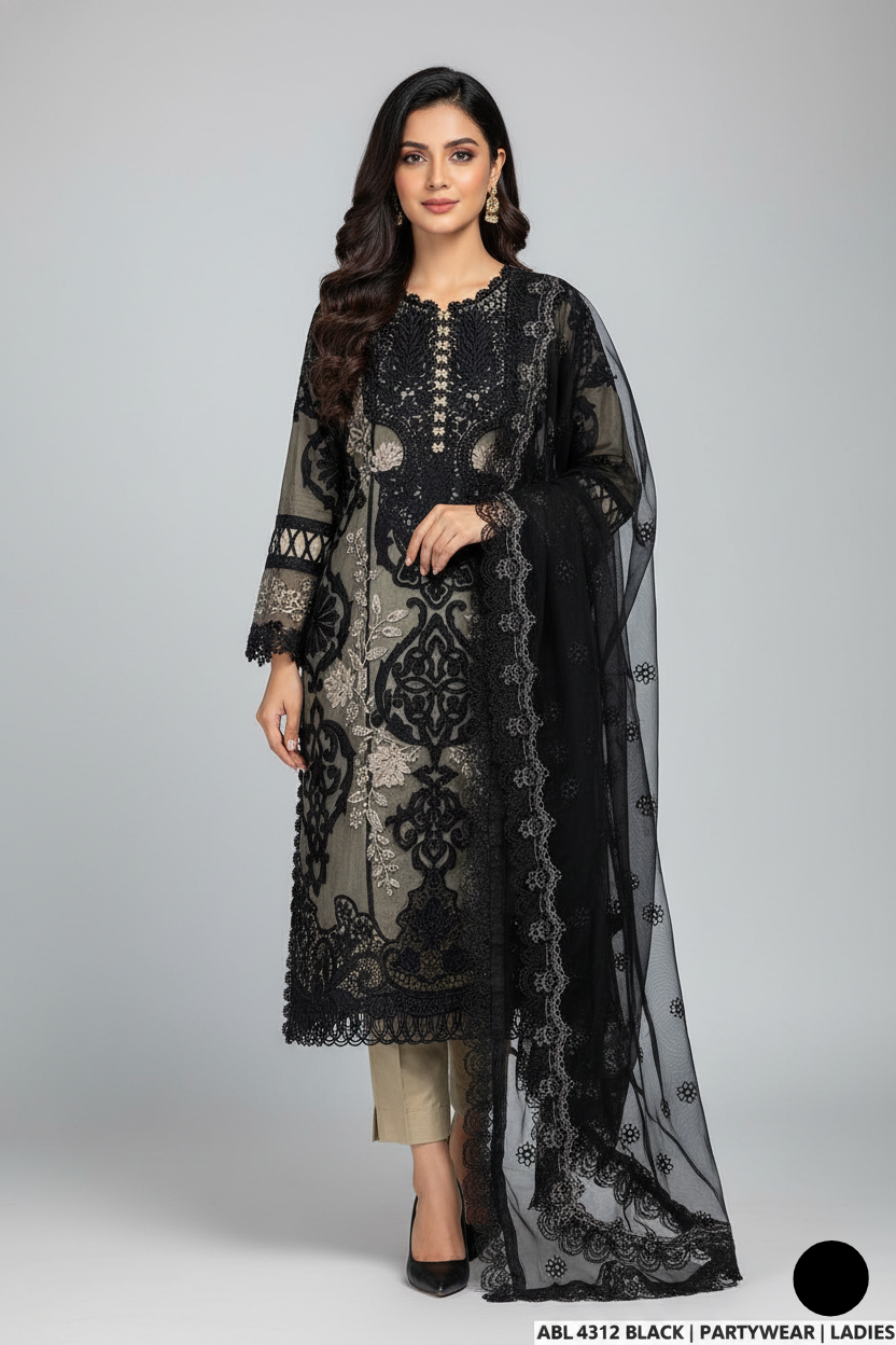 Organza A-Line shirt black - Pakistani women's elegant formal wear with viscose trouser and organza dupatta front view
