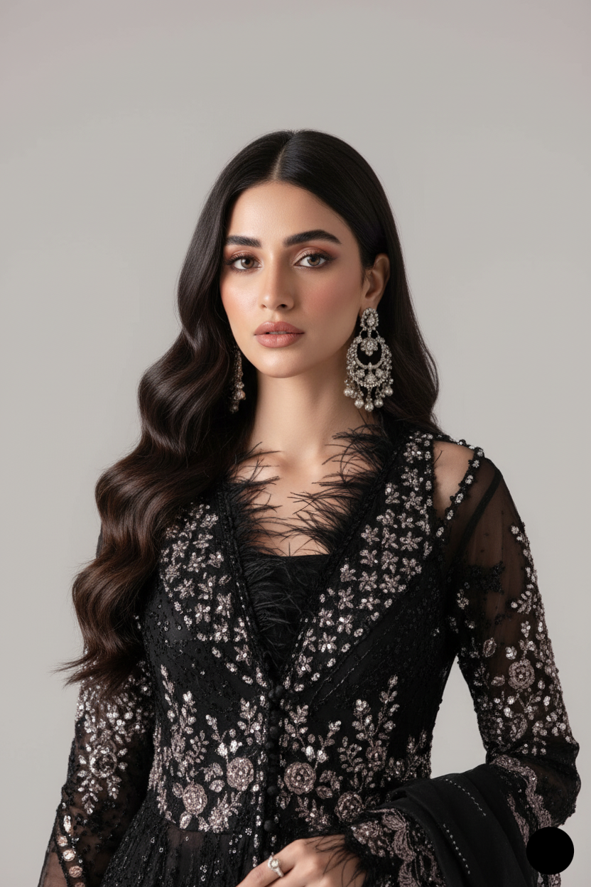 Black organza Pakistani women's A-Line shirt side view