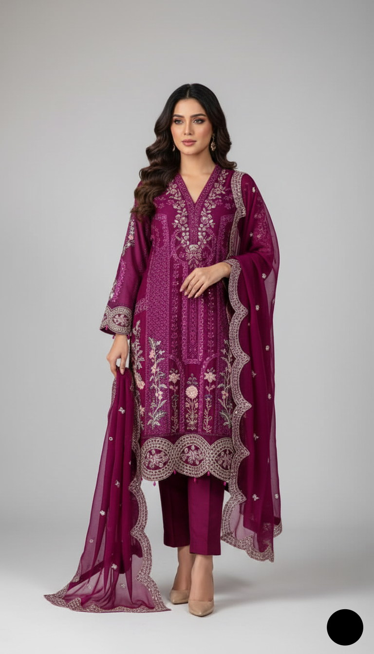 Chiffon straight shirt plazo magenta - Pakistani women's party wear with viscose plazo and chiffon dupatta front view