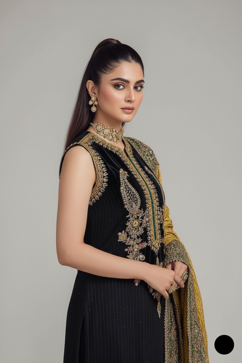 KB P241 Pakistani women's embroidered chiffon outfit with charmeuse silk trouser back view