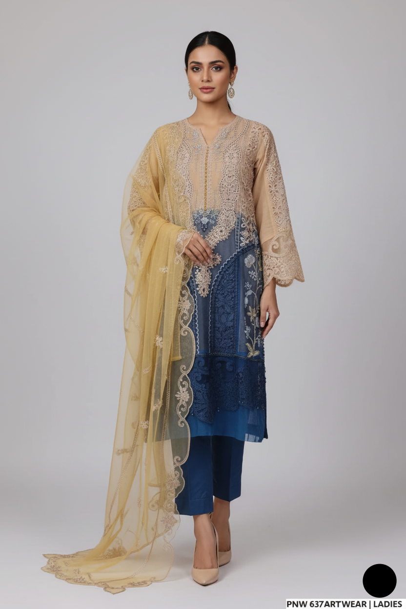 Chiffon straight shirt plazo fawn - Pakistani women's party wear with viscose plazo and chiffon dupatta front view