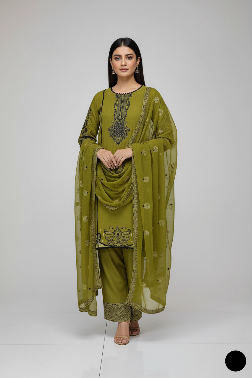 Chiffon short shirt farshi shalwar mehndi green - Pakistani women's traditional formal outfit with chiffon dupatta front view