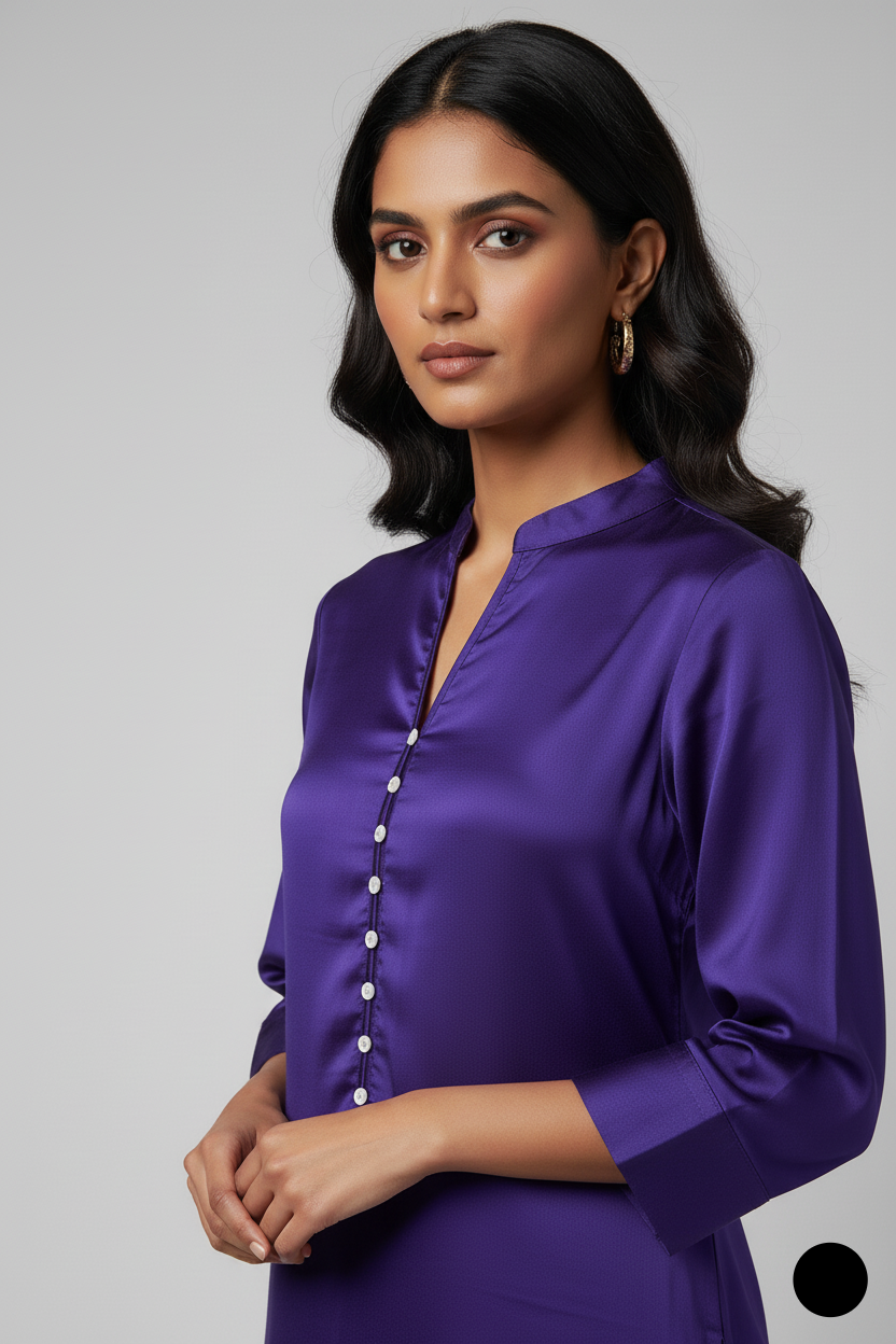 Pakistani women's purple silk A-Line shirt detail view