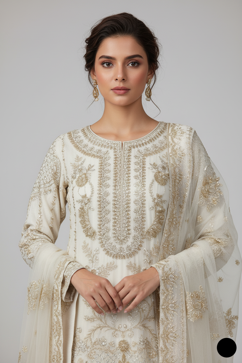 Off white organza Pakistani women's open shirt side view