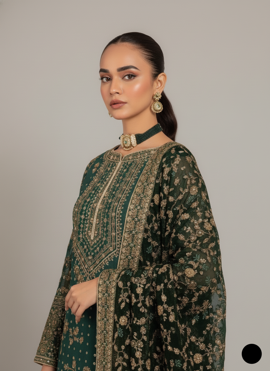ABL 3966 Pakistani women's chiffon gharara formal outfit detail view
