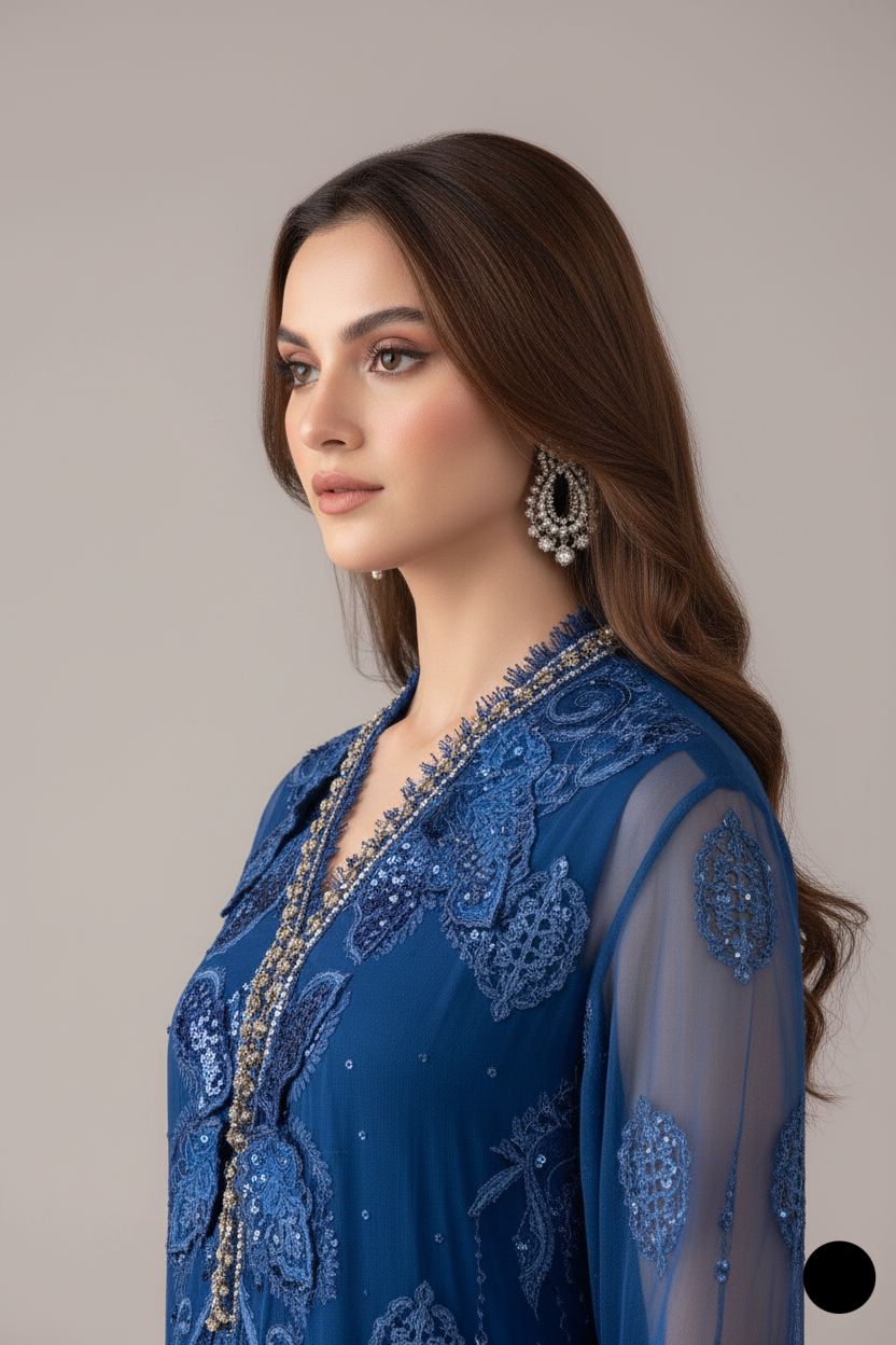 Pakistani women's royal blue organza A-Line shirt back view