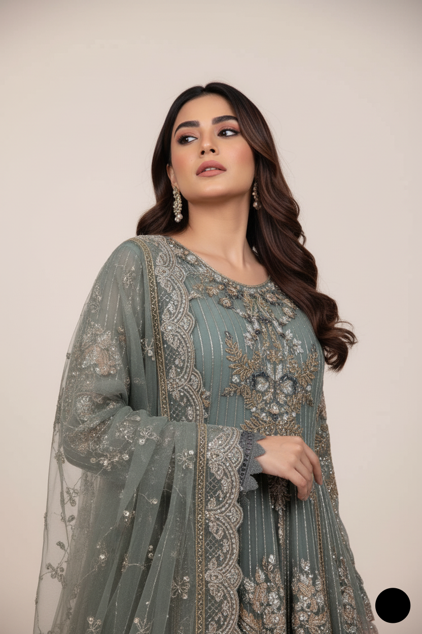 ABS 3224 Pakistani women's net long frock back view