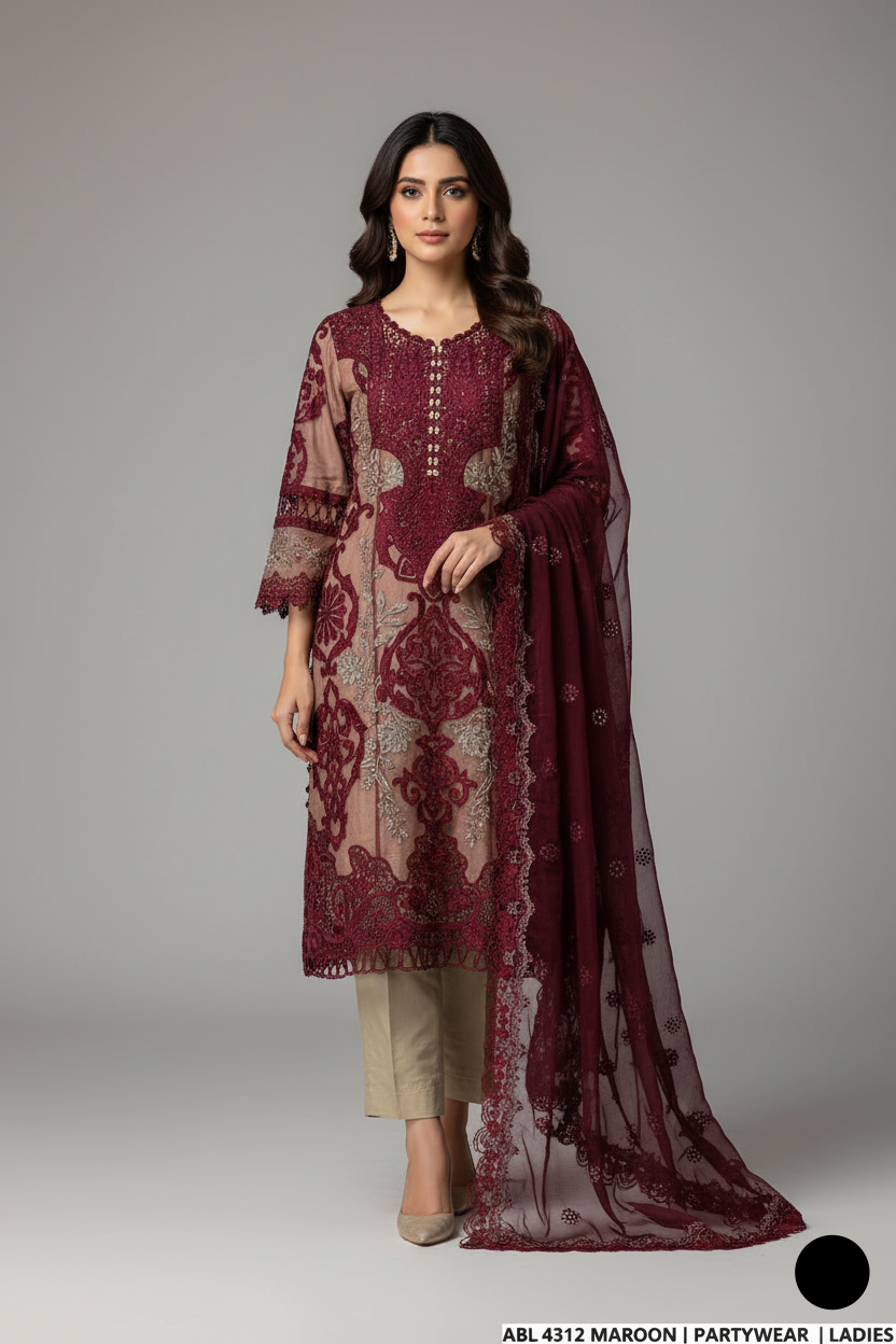 Organza A-Line shirt maroon - Pakistani women's elegant formal wear with viscose trouser and organza dupatta front view