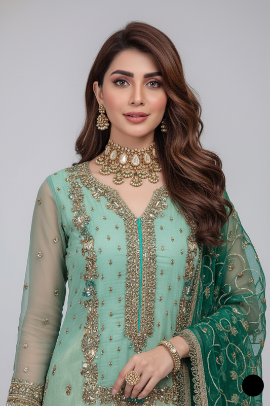 KB P235 pure resham Pakistani women's hand embroidered outfit with jamawar trouser side view