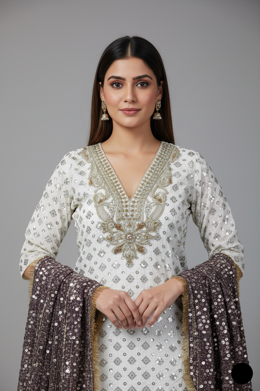 Purple organza Pakistani women's straight shirt with matching dupatta side view