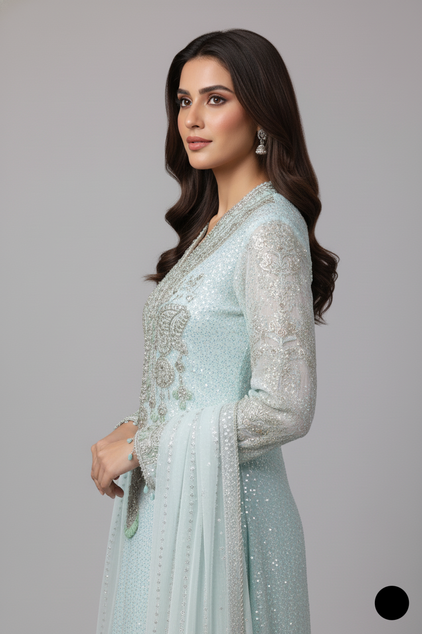 Pakistani women's sky blue organza straight shirt detail view