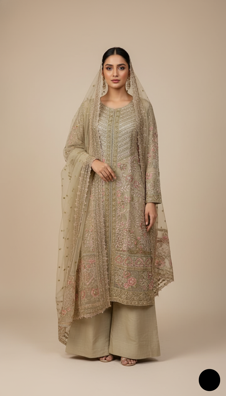 Organza straight shirt plazo skin - Pakistani women's formal party wear with grip plazo and organza dupatta front view