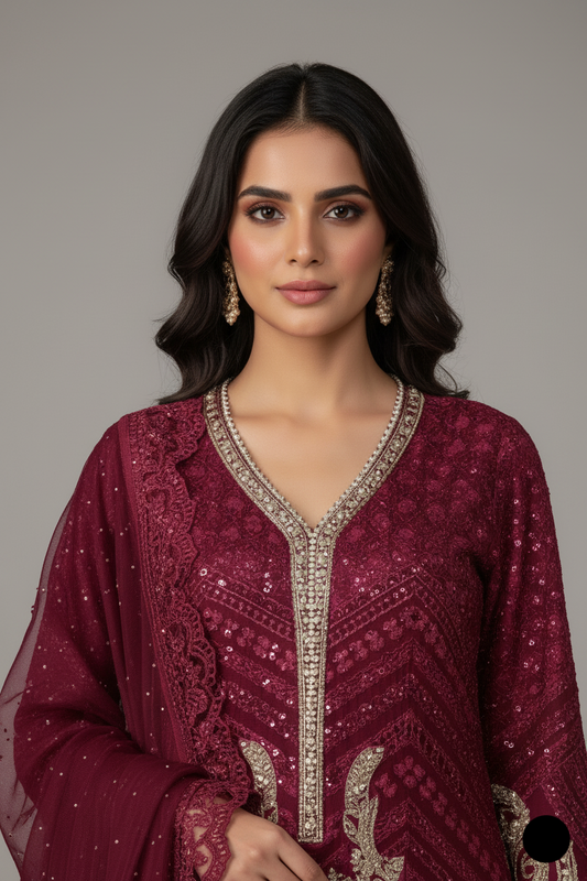 Maroon organza Pakistani women's straight shirt side view