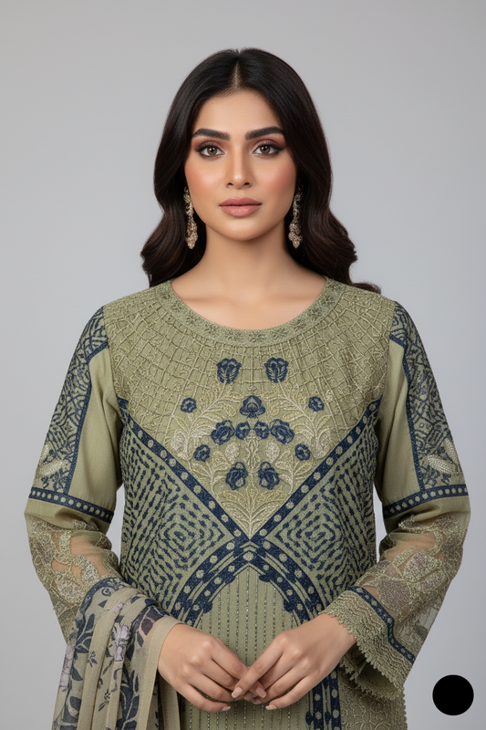 Pista green chiffon Pakistani women's straight shirt with plazo side view