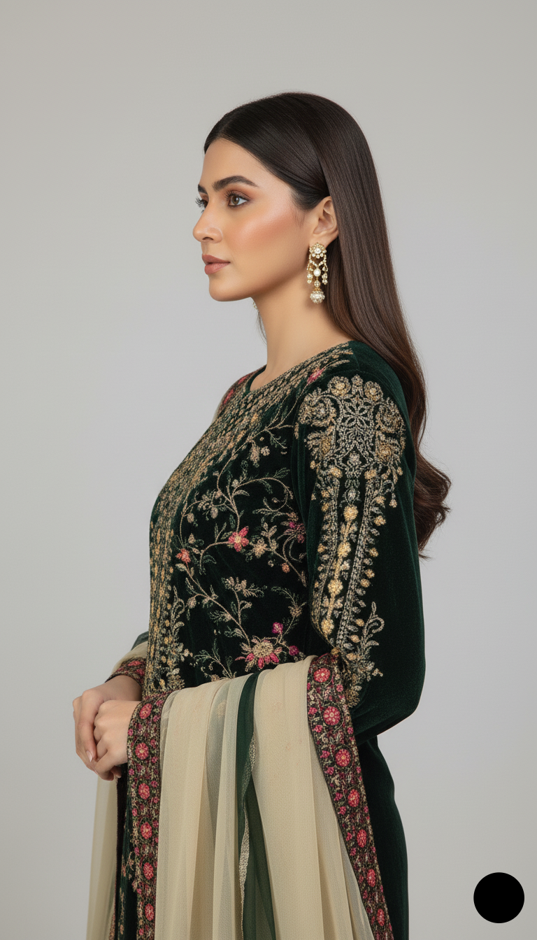 Pakistani women's bottle green velvet open shirt detail view