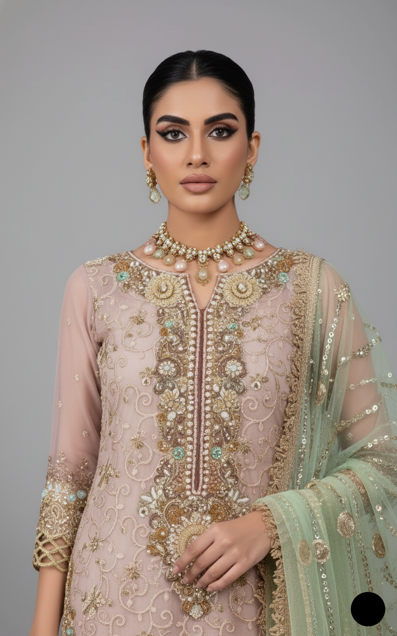 KB P221 pure resham Pakistani women's embroidered formal outfit side view