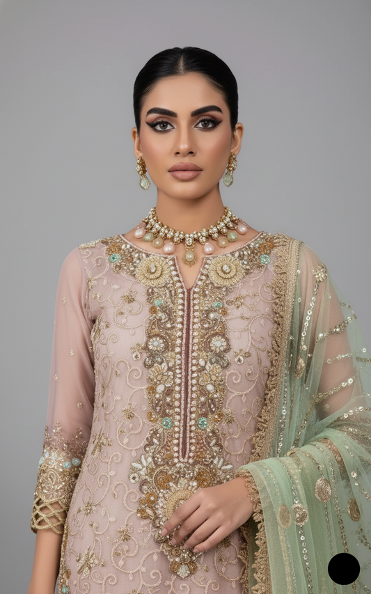KB P221 pure resham Pakistani women's embroidered formal outfit side view