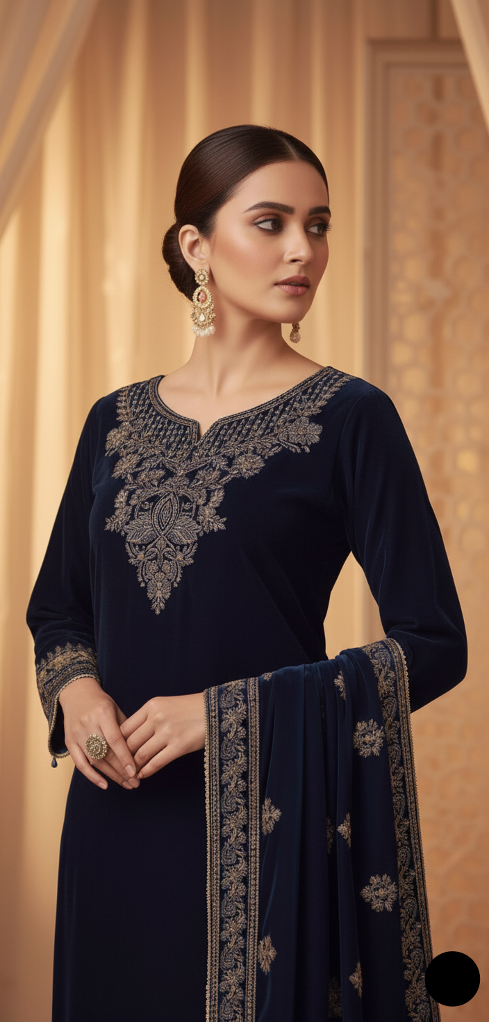 Pakistani women's navy blue velvet A-Line shirt back view