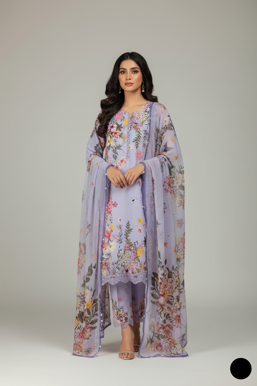 Organza A-Line shirt lilac - Pakistani women's elegant formal wear with viscose trouser and organza dupatta front view