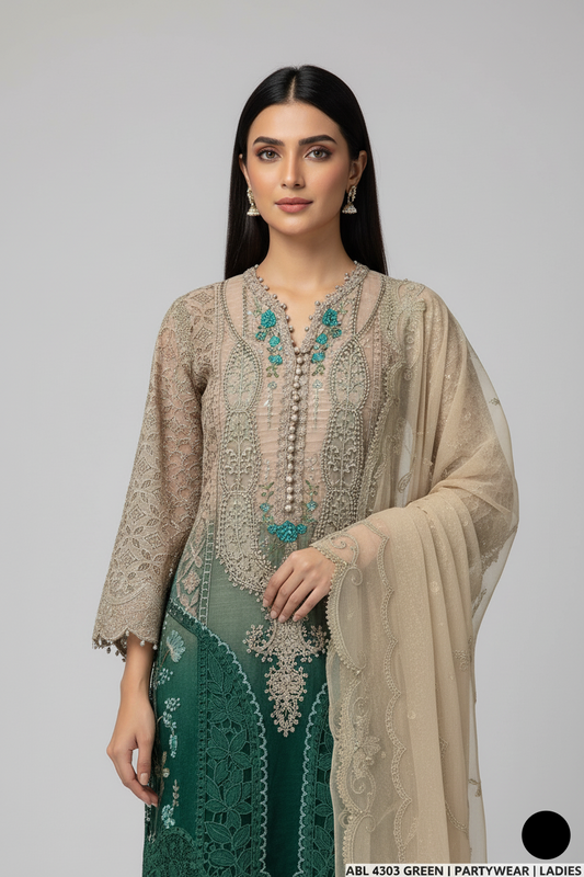 Green organza Pakistani women's A-Line shirt side view